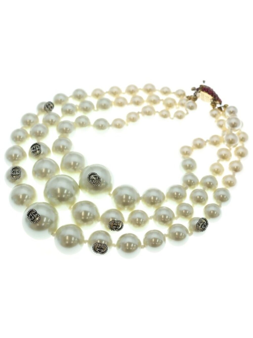Gucci Pearl Necklace Triple Strand With Closure Interlocking Color Stone Faux - Picture 2 of 6